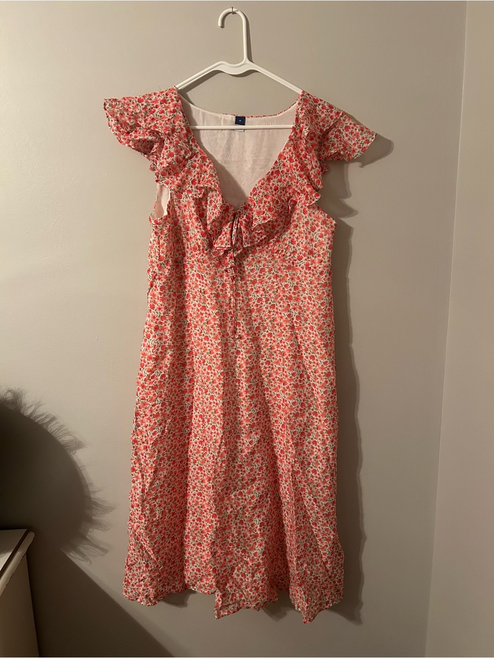 Old Navy Pink Floral Midi Dress with Ruffle V-Neck